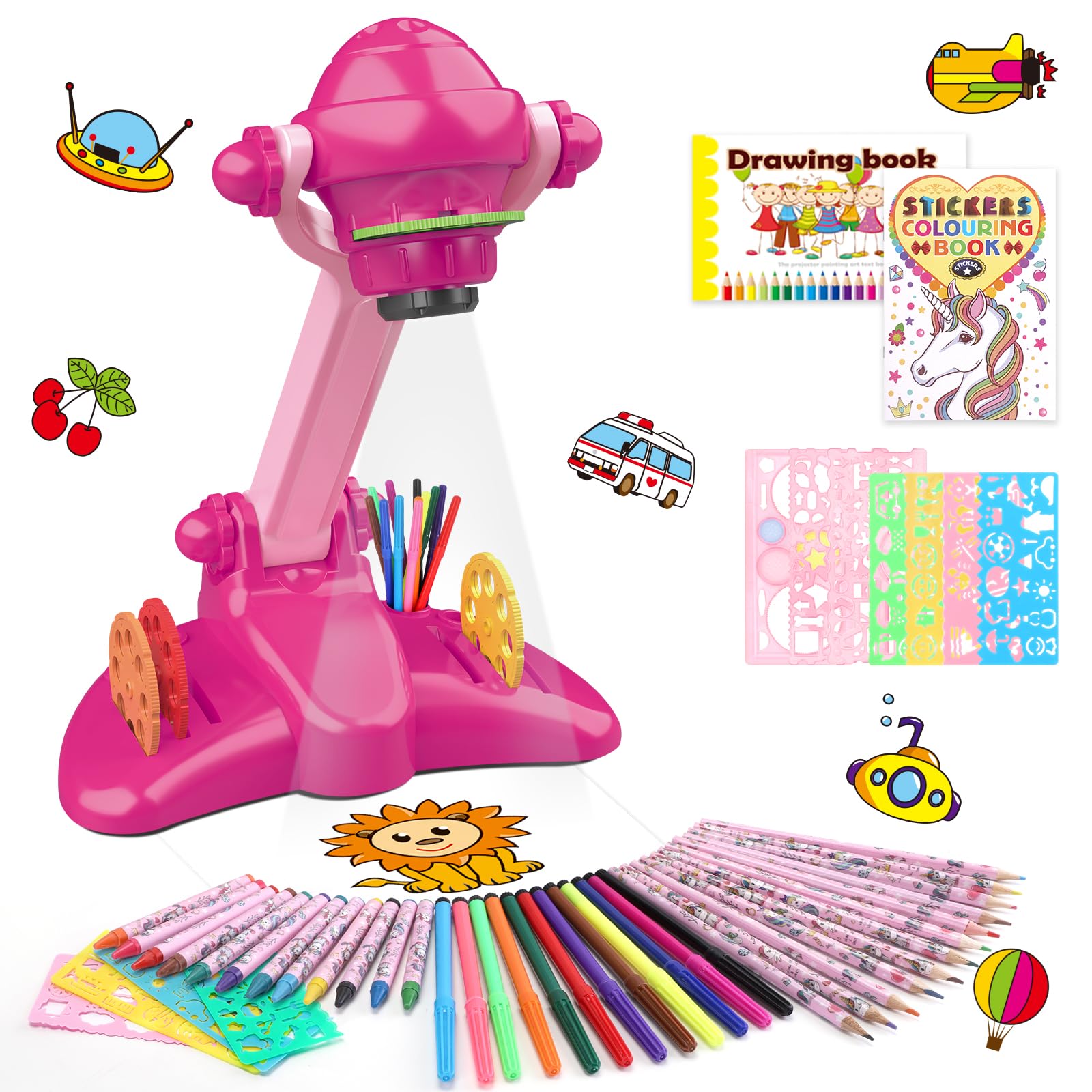 Konijiwa Gifts for Girls Drawing Projector for Kids with 72 Motifs Girls Toys Kids Projector Toy with Music with Pencil, Drawing Book, Unicorn Colouring Book, Ruler for 3 4 5 6 Years