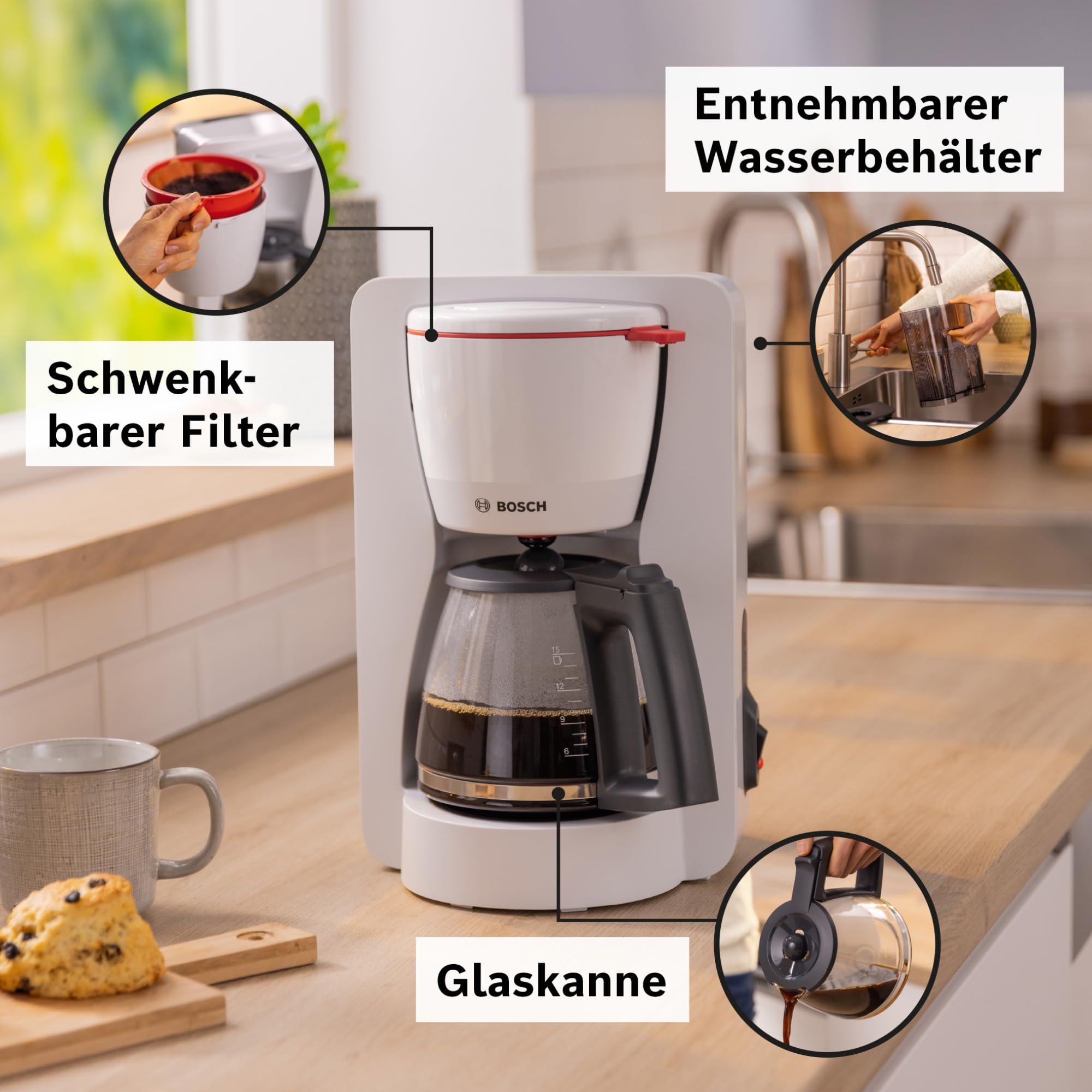 Bosch Filterkaffeemaschine MyMoment TKA2M111, Glaskanne 1,25 L, für 10-15 Tassen, 40min Warmhaltefunktion, Tropfstopp, schwenkbarer Filterträger, abnehmbarer Wassertank, 1200 Watt, Weiß matt 3
