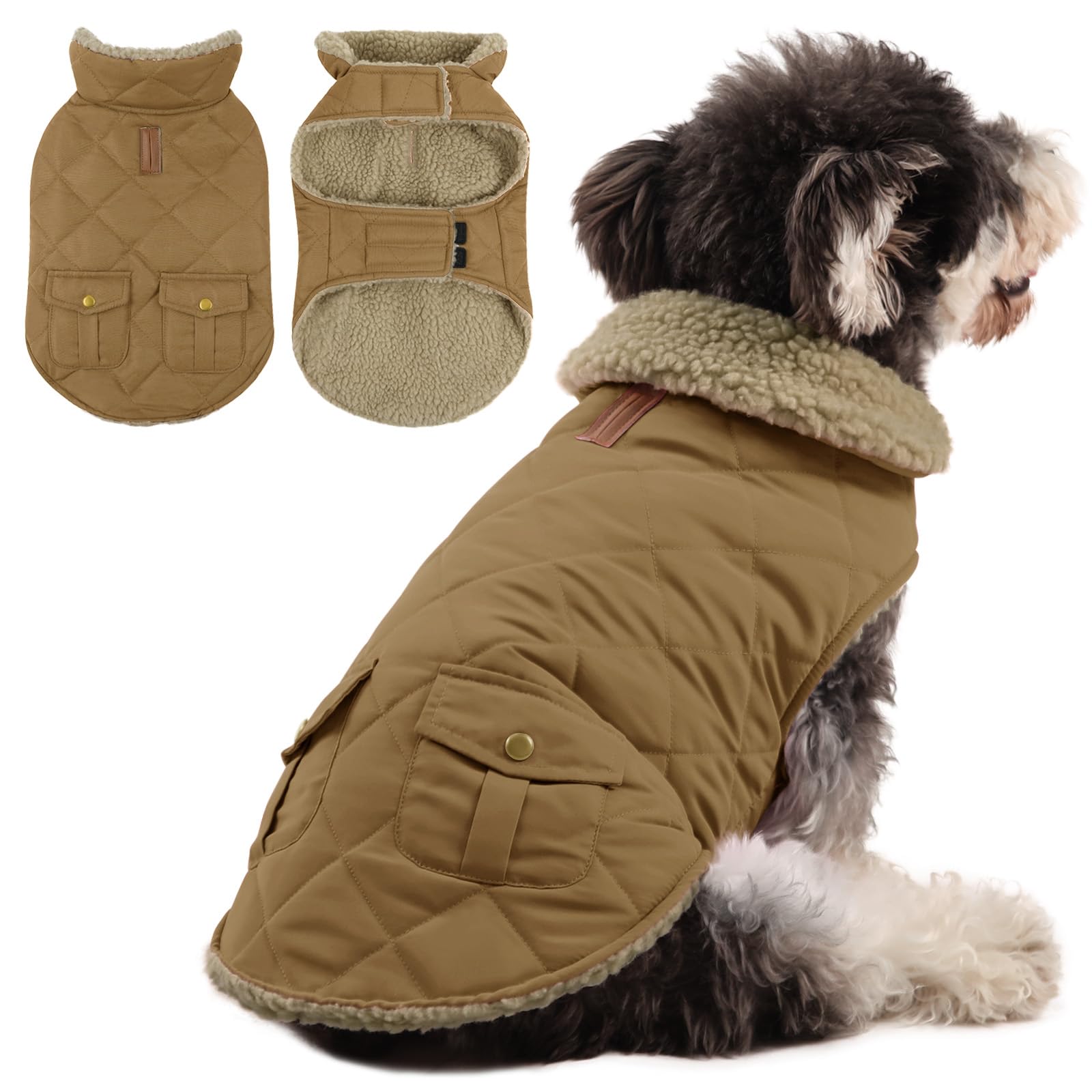Queenmore Waterproof Dog Coat, Winter Fleece Jacket for Large Medium Dogs, Dachshund, French Bulldog, Greyhound, Whippet - Brown, L