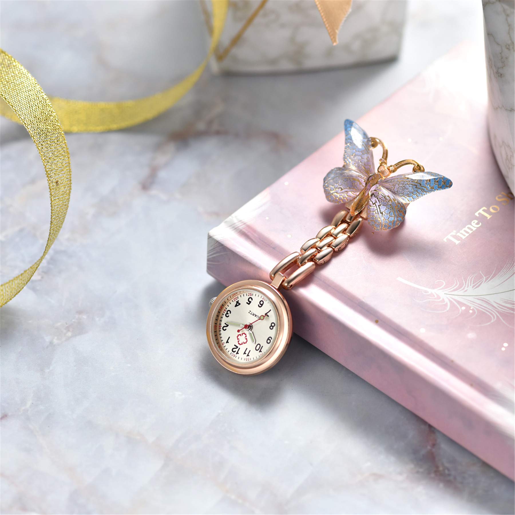 Lancardo Women Butterfly Brooch Nurse Watch Set Pin-On with Secondhand Stethoscope Lapel Fob Pocket Badge Watches for Doctor Nurse Easy to Read