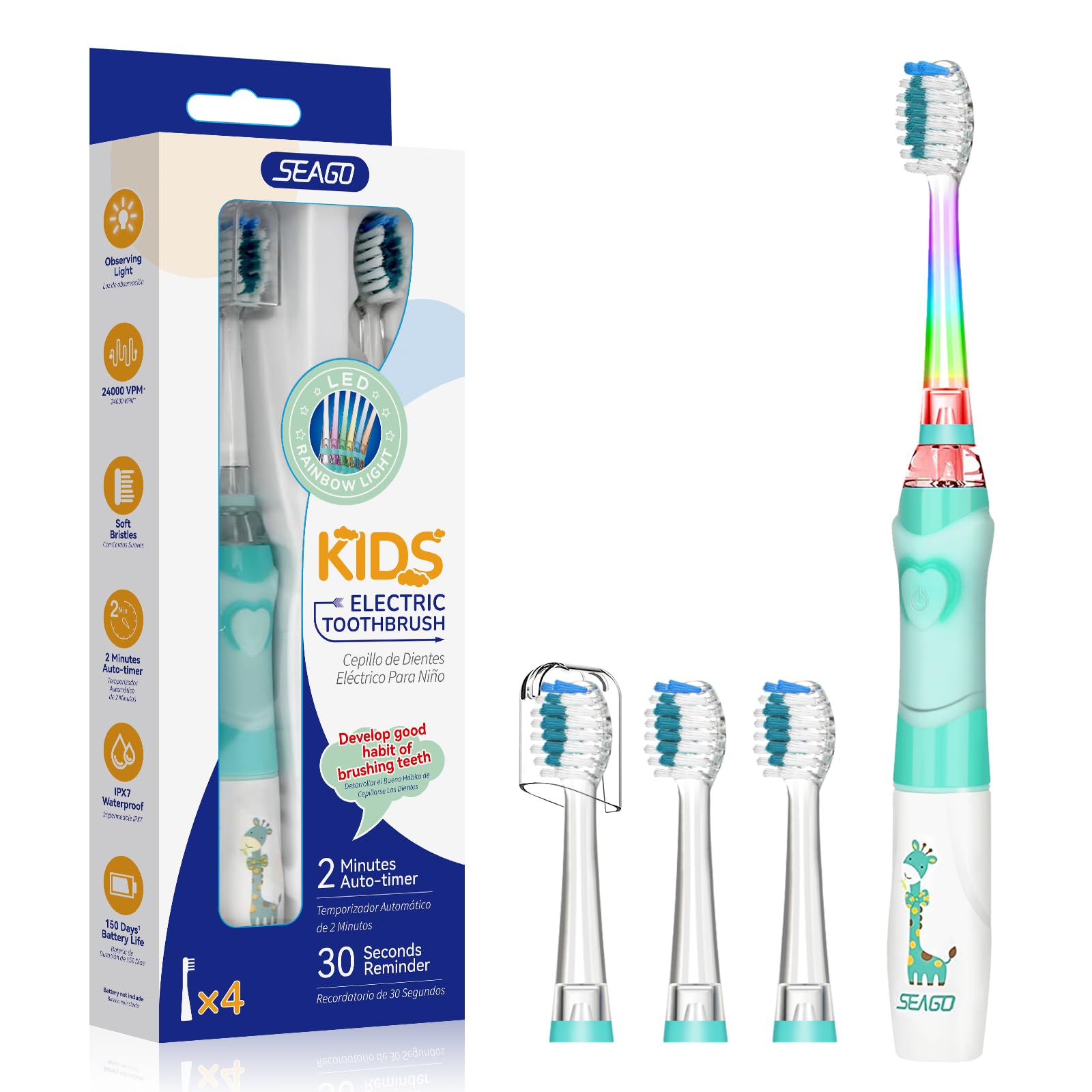 Seago Kids Electric Toothbrush 3-5-6-12 Toddler Childrens Toothbrushes with Timer,Colorful Rainbow LED Light and 4 Heads for Junior Boys Girls Battery-Powered Sonic Tooth Brush SG977 (Green)