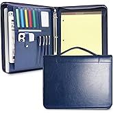 FORTAVEM Faux Leather Portfolio with Handle, 3-Ring Padfolio Organizer for 13.9-Inch Laptop/Tablet, A4 Legal Pad Holder, Multi-Pocket Business Folder for Work, Office, Meetings & Daily Commute (Blue)