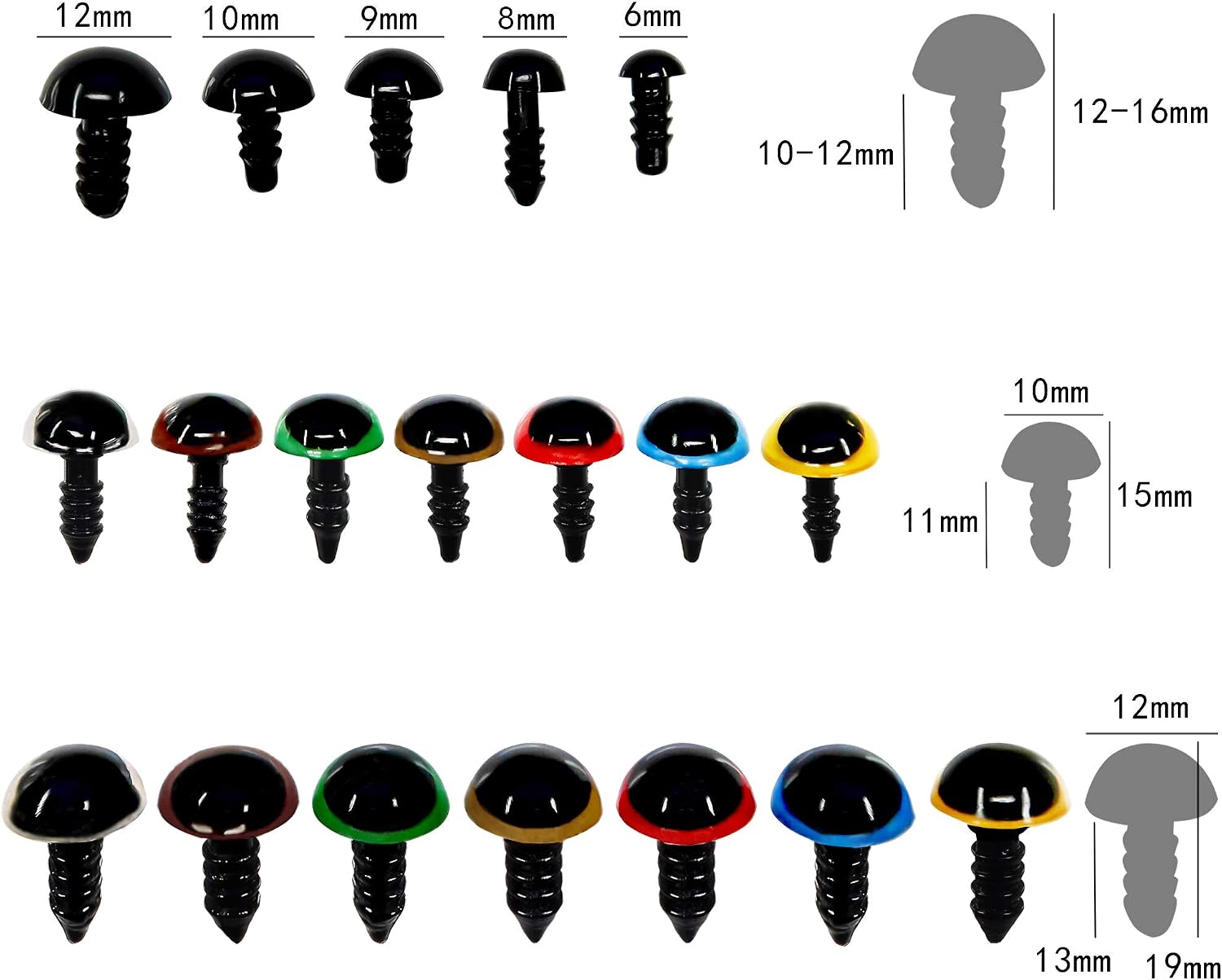 TOAOB 780 Pieces Safety Eyes 6 to 12mm Colorful Plastic Craft Eyes Doll Eyes And Noses Set including Washers for Soft Doll Making DIY Craft Plush Animal - Image 3