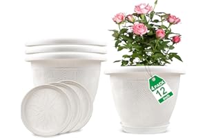 FODETYFF Plastic Flower Pots Planters for Indoor Plants, 4 Pack 12 Inch White Plant Pots with Drainage Hole & Tray, Modern Decorative Large Plant Pot with Saucer for Indoor Outdoor Plants Garden House Planter