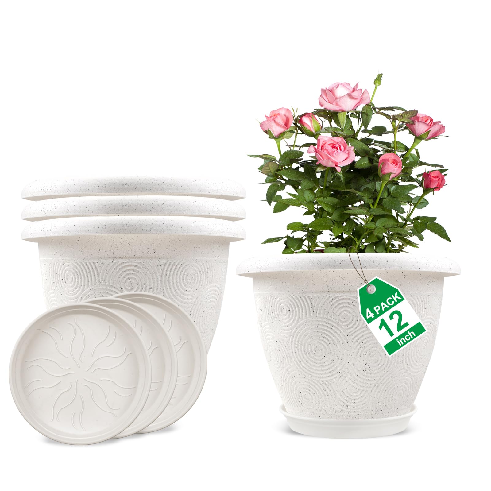 Photo 1 of ******************MISSING THE TRAYS*****************
Plastic Flower Pots Planters for Indoor Plants, 4 Pack 12 Inch White Plant Pots with Drainage Hole & Tray, Modern Decorative Large Plant Pot with Saucer for Indoor Outdoor Plants Garden House Planter