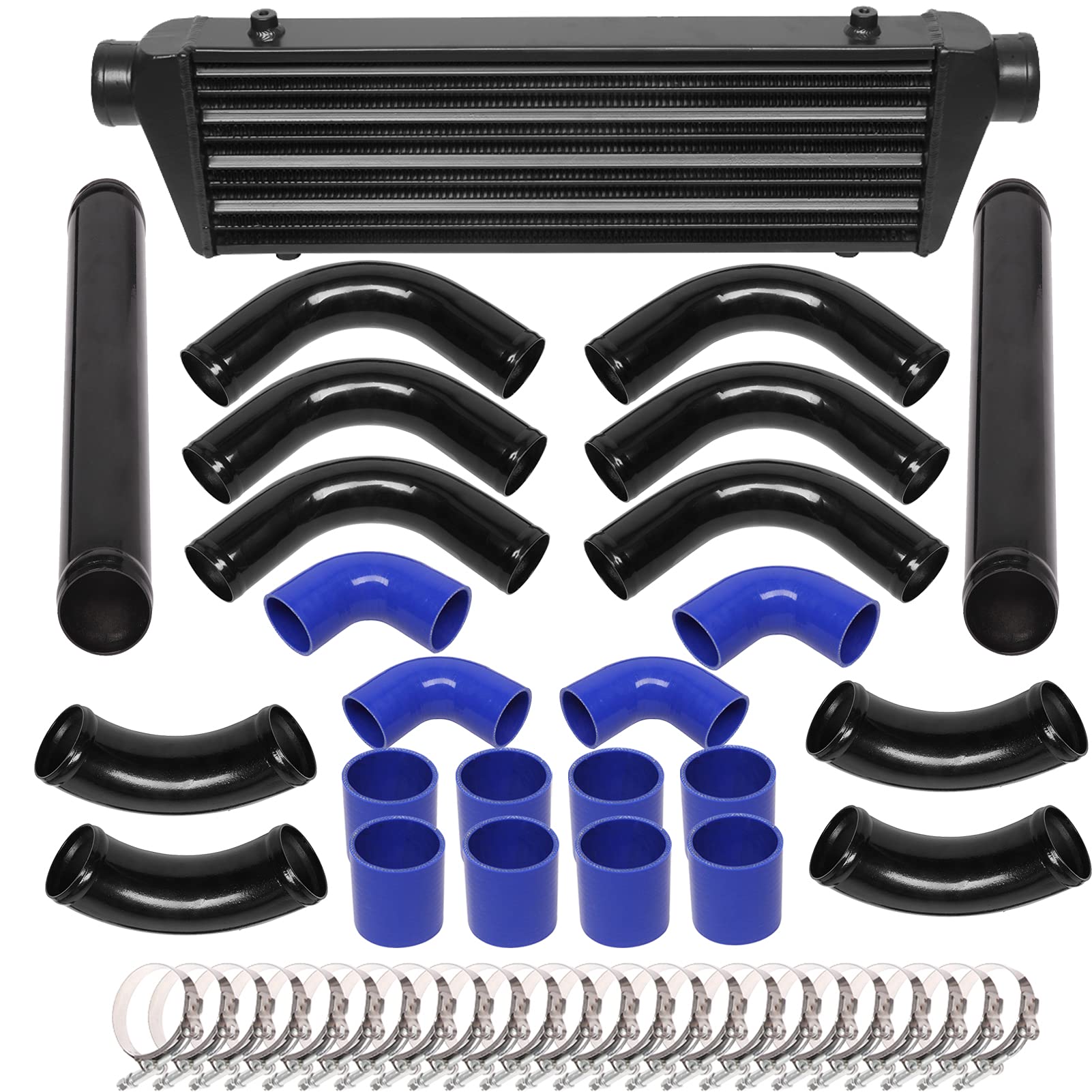 Photo 1 of 28"x7"x2.5" Universal Intercooler Piping Kit with Front Mount Intercooler + 12pcs 2.5" Chrome Piping + 12pcs Coupler Hoses + 24pcs T-Bolt Clamps (Black Intercooler)
