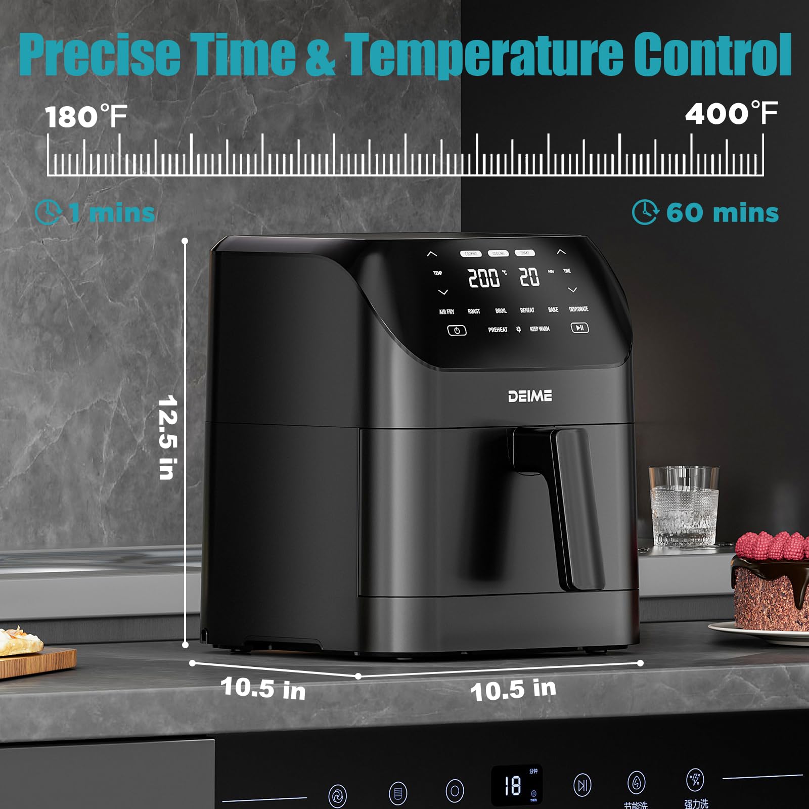 Freidora de aire 6.2 QT Freidoras de aire caliente sin aceite de gran capacidad Horno 1500 W Cocina saludable con 8 preajustes, pantalla táctil LCD digital, ventana de cocción visual, cesta antiadherente, receta incluida (Negro-M)