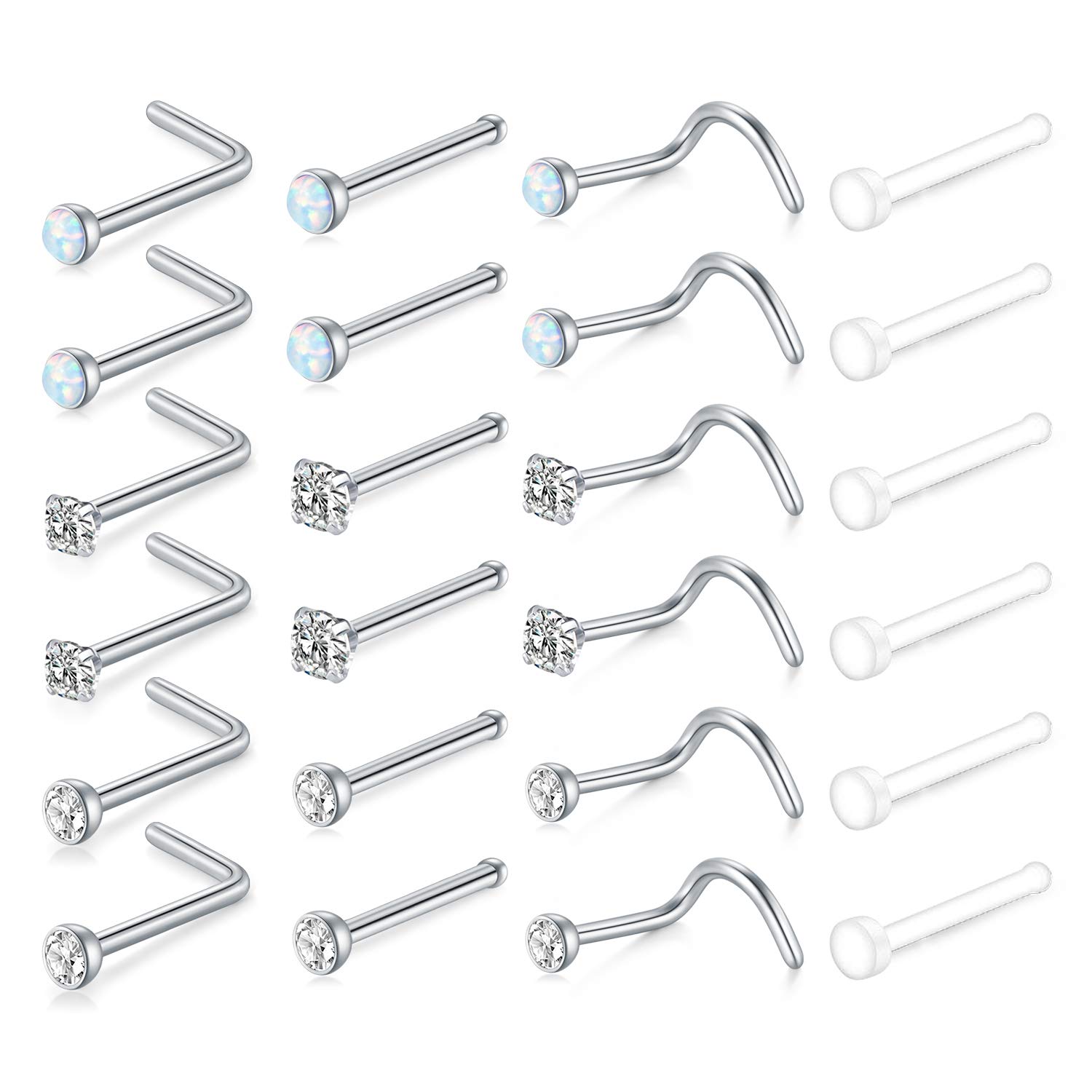 AceFun 20G Nose Rings Surgical Stainless Steel Nose Studs Colorful CZ Opal Nose Piercing Nose Screw for Women Girls Nose Retainer