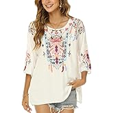 LauraKlein Women Mexican Embroidered Shirt for Women Bohemian Style Top Blouse 3/4 Sleeve Summer Casual Tunics