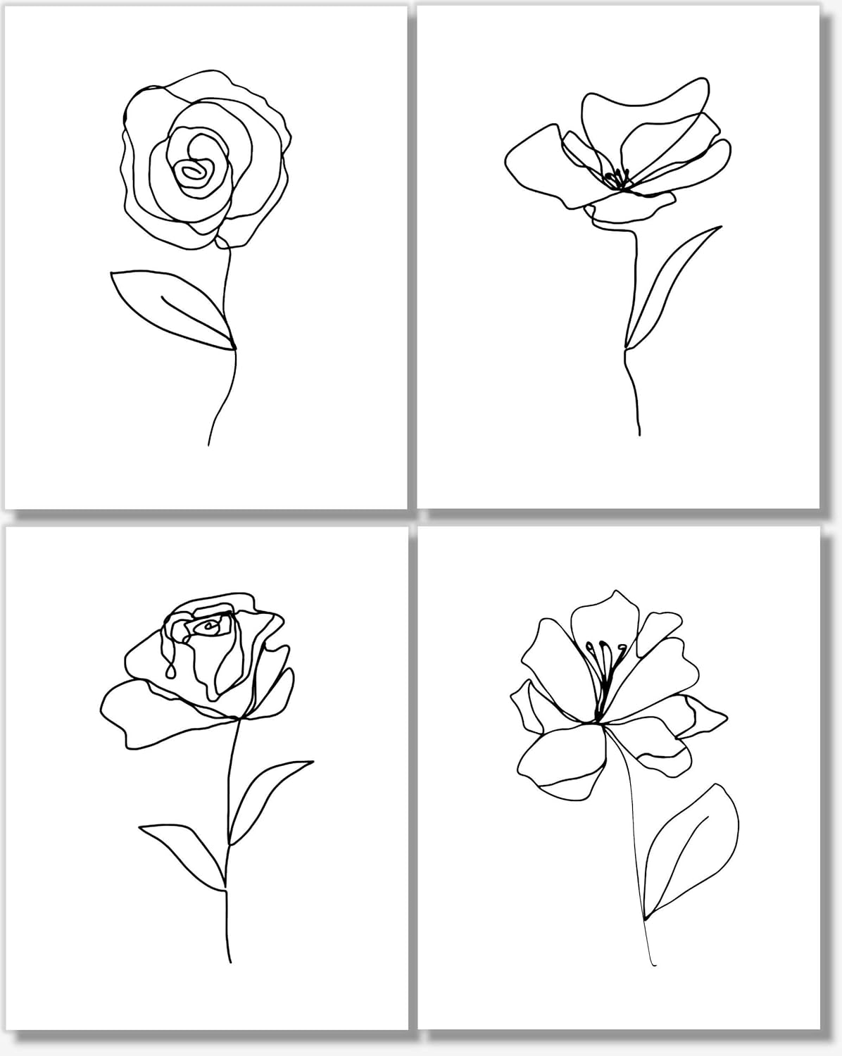 Amazon Com Black And White Wall Art Flower Line Drawings Botanical Prints Abstract Pictures Set Of 4 11x14 Unframed Handmade