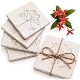 Ceramic Coasters Set of 4 with Holder, White Vintage Engraved Floral | Decorative coffee table coasters, non-slip cork base, protects surfaces, for bar, kitchen and office, housewarming gift