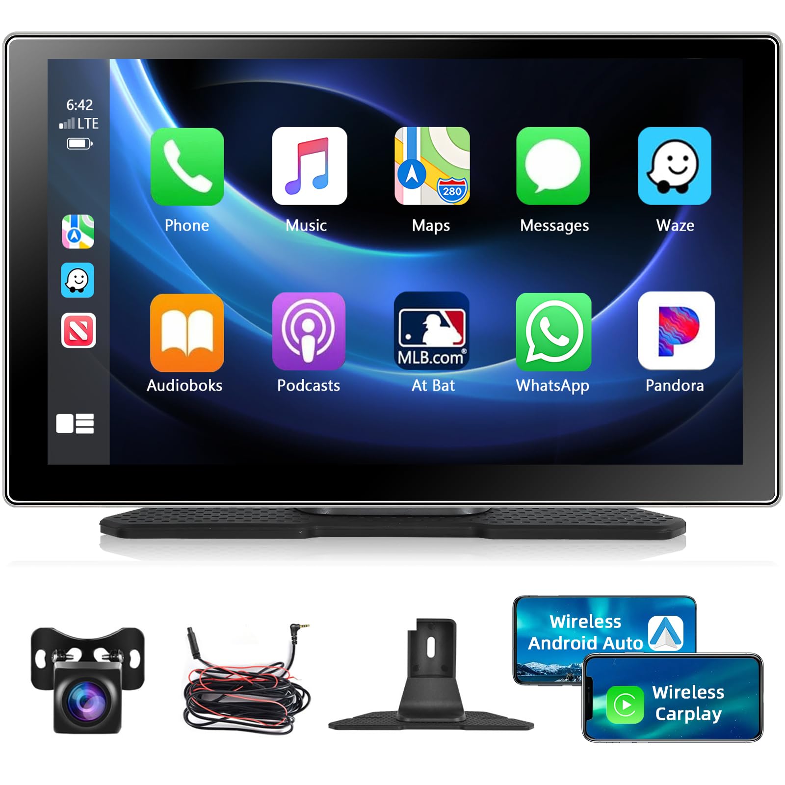 Podofo 9 Inch Carplay Screen for Car,1080p Backup Camera,Portable Wireless Apple CarPlay Android Auto Car Stereo Radio with Mirror Link,Bluetooth,FM, Siri,Google,GPS Navigation