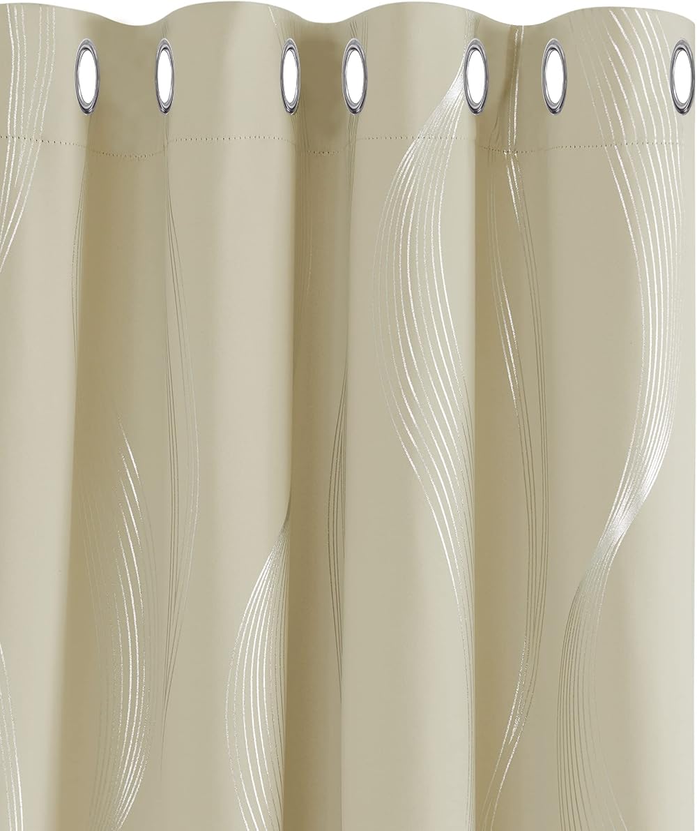 Deconovo Blackout Curtains Eyelet Silver Wave Foil 52x84 Beige 2 Panels