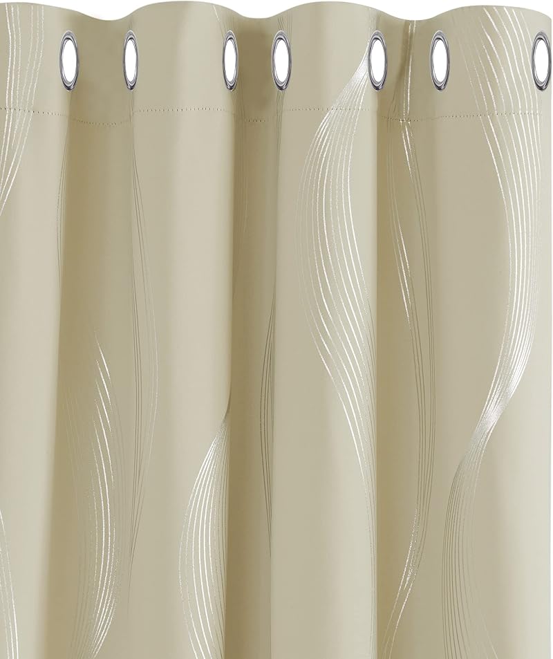 Deconovo Blackout Curtains Eyelet Silver Wave Foil 52x84 Beige 2 Panels