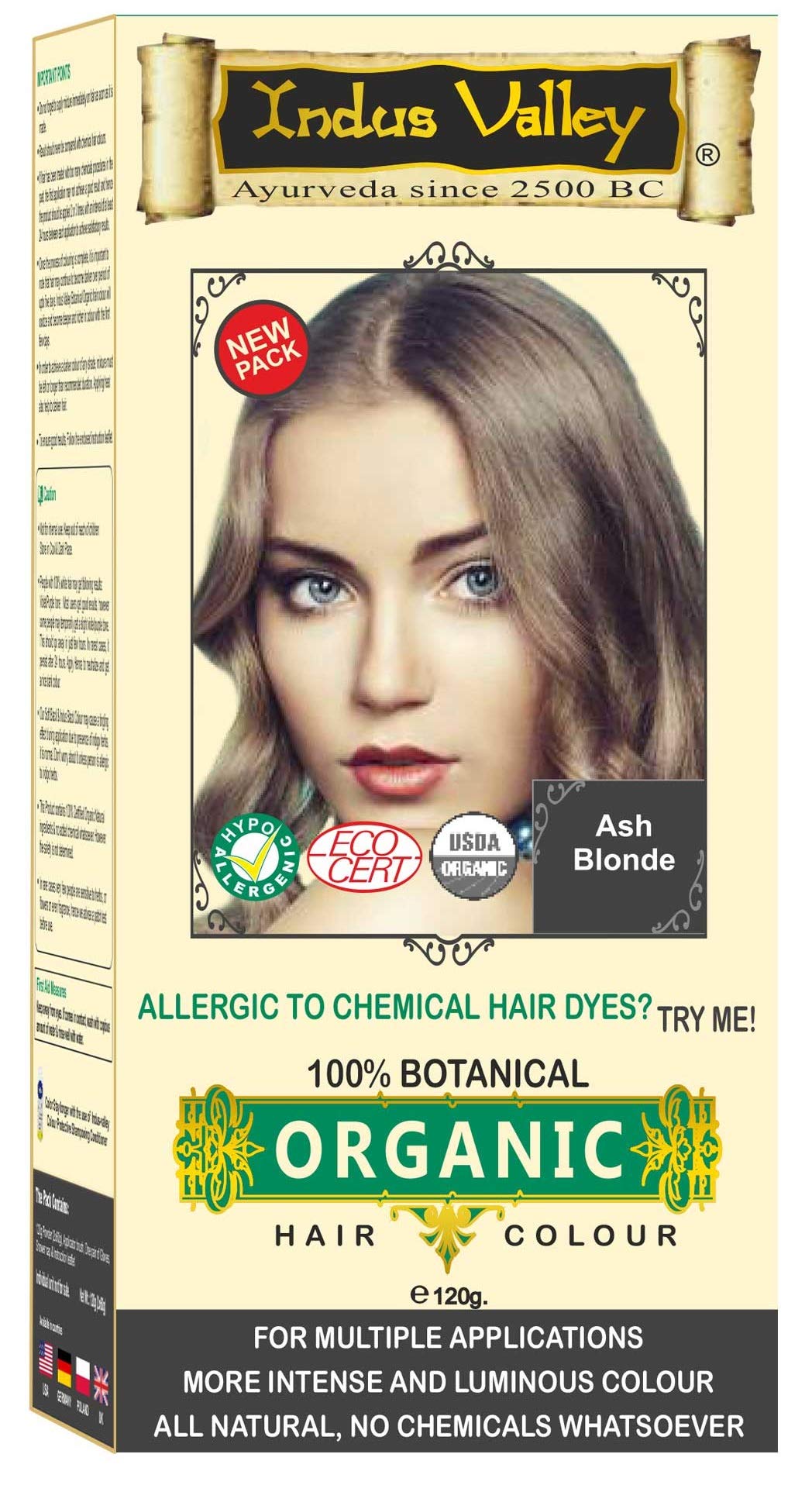 100% Organic, 100% Chemical Free, 100% Botanical Herbal Hair Dye Colour Ash Blonde for Initial/First Few Greys (Does Not Lighten Hair from a Dark to Lighter Colour) Pure Natural Herbal For Men & Women No PPD, No Ammonia, No Peroxide and No Heavy Metals Whatsoever by Indus Valley