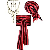 Fourluoo 4 Pieces Pirate Costume Accessories Women Pirate Hat Head Scarf Sash Belt Necklace Earrings Women Costume