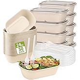 24oz Disposable Meal Paper Food Containers with Lids and Forks, 50 Pack Sugarcane Fiber Paper Bowls, Microwaveable and Freezable,Take Out Food Containers for Salad, Burrito & Pasta, Natural