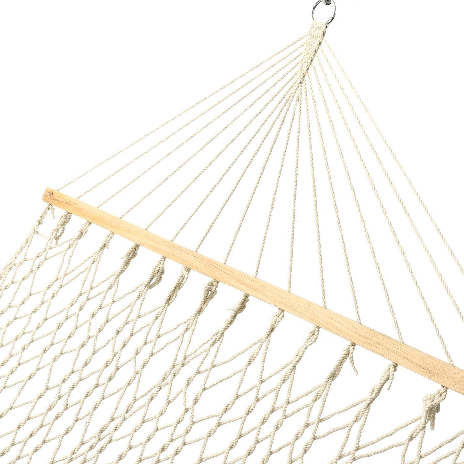 Opino Beige Cotton Rope Hammock, Hollow Out Double Wide Wood Hanging Tree Hammock Garden Patio Yard(US Stock)