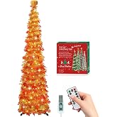 HMASYO 6 FT Pop Up Tinsel Fall Tree with 100 LED Timer Lights &amp; Remote | Maples Thanksgiving Tree, Collapsible Artificial Pencil Tree for Home Office Harvest Autumn Decor, USB Powered, Easy Assembly