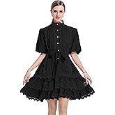 LAI MENG FIVE CATS Women Vintage Mock Neck Puff Sleeve Lace Ruffled Button Loose Mini Dress