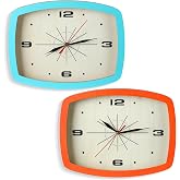 Cunno 2 Pcs Retro Wall Clock ModernMid Century Decoration Silent Non Ticking Blue Orange 10 Inch Rectangular Retro Clock Battery Operated Vintage Wall Art for Living Room Office Kitchen Bedroom