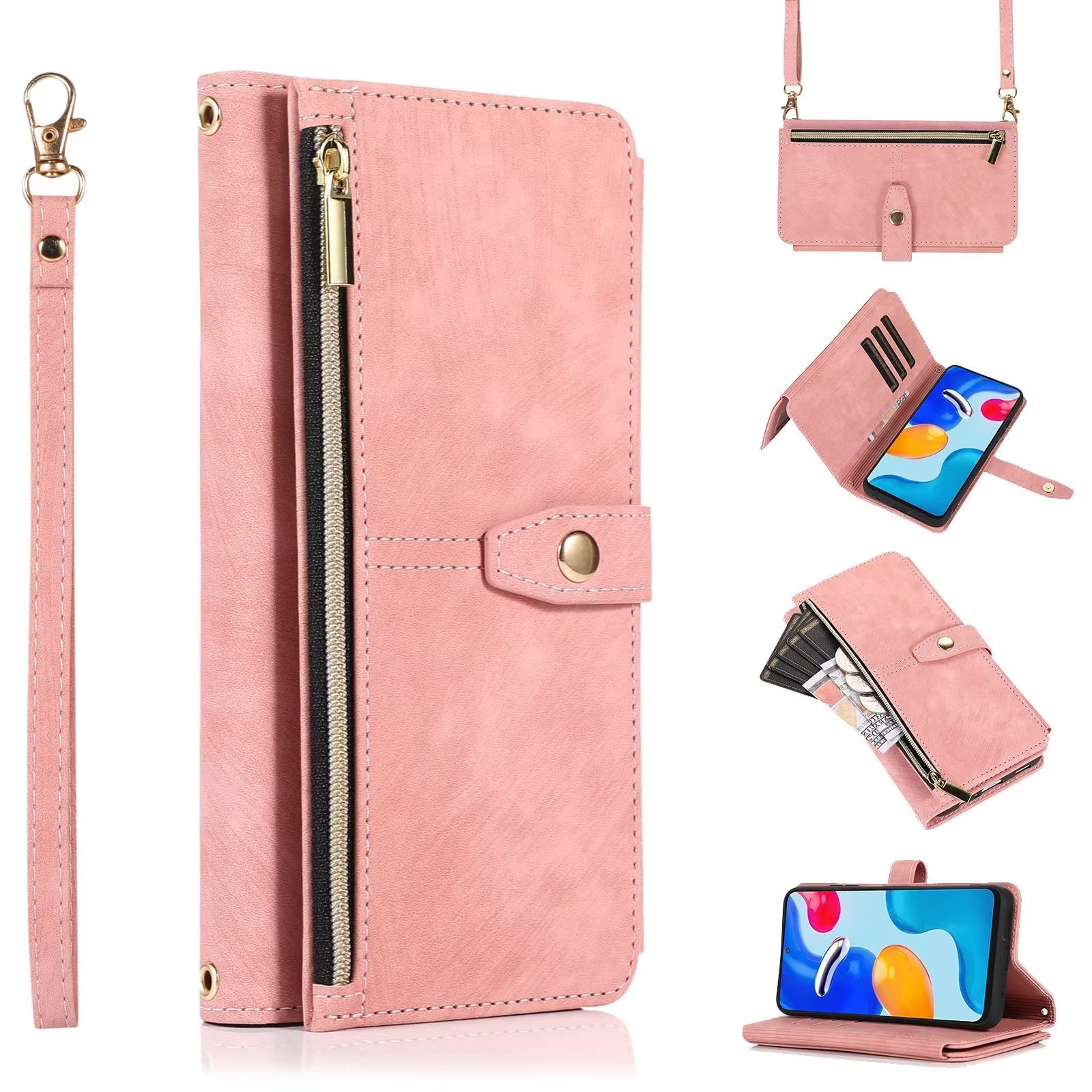 ESONG Case for Xiaomi Redmi Note 12 5G,PU Leather Zipper Wallet Flip Magnetic Full Protection Shockproof Cover,Crossbody phone Case for Women[9 Card Slot/2 Coin Pouch/Kickstand],Pink