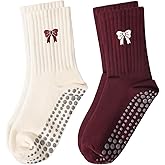 FIYIGO Pilates Yoga Grip Socks for Women, Bow-Patterned Ruffled Crew Socks Ideal for Fitness, Ballet Bar Work&Dance