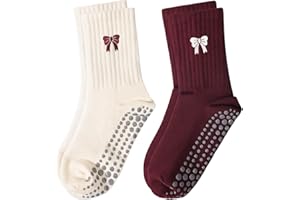 FIYIGO Pilates Yoga Grip Socks for Women, Bow-Patterned Ruffled Crew Socks Ideal for Fitness, Ballet Bar Work&Dance