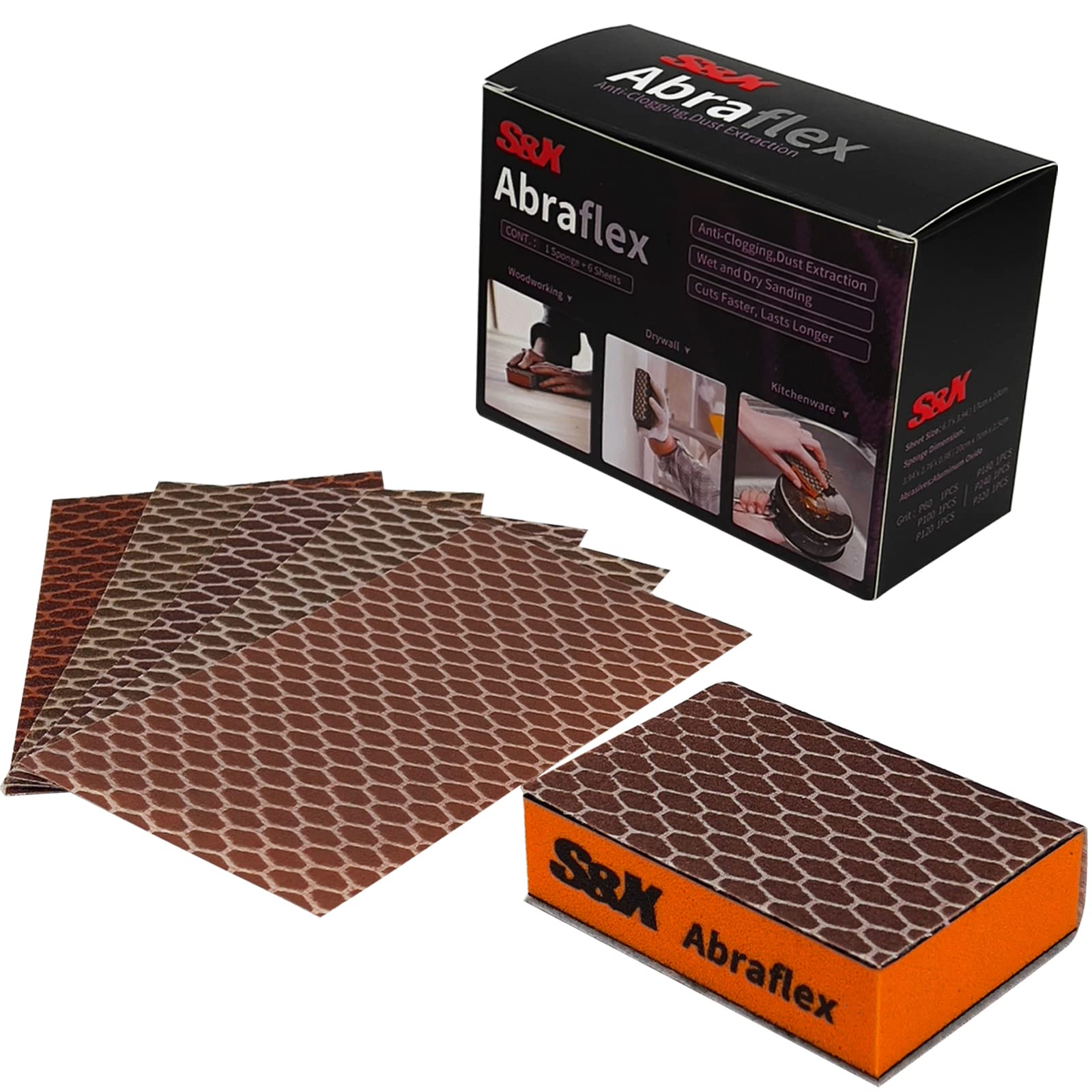 S&X Sanding Sponge Set 6-Pack of Hook and Loop Sandpaper Interchangeable 6 Assorted Grits - Wet and Dry, Anti-Clogging, Durable (6)