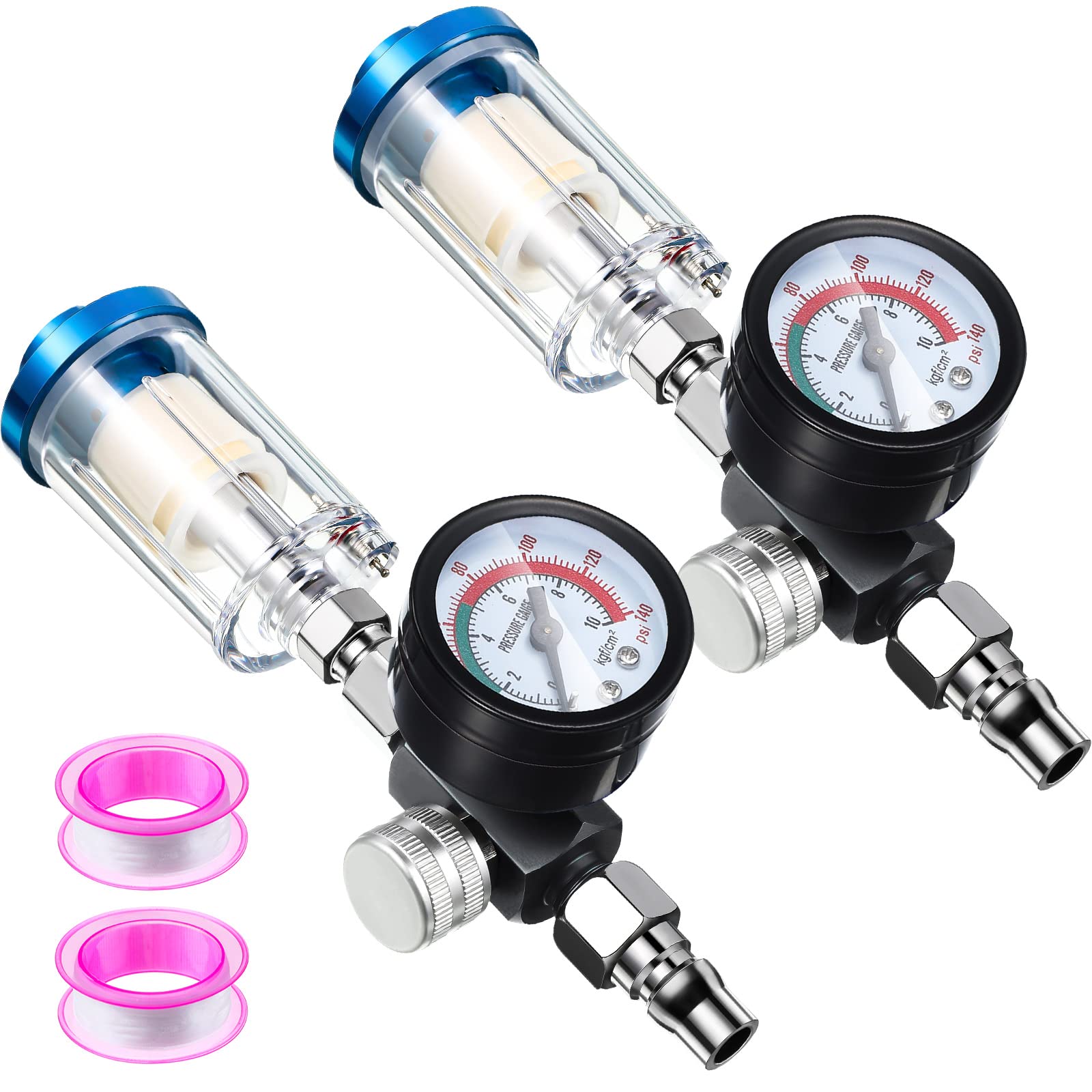Photo 1 of 2 Packs 1/4 Inch Air Pressure Regulator Water Separator Air Compressor for Spray Gun Regulator with Pressure Gauge and Water Trap Filter