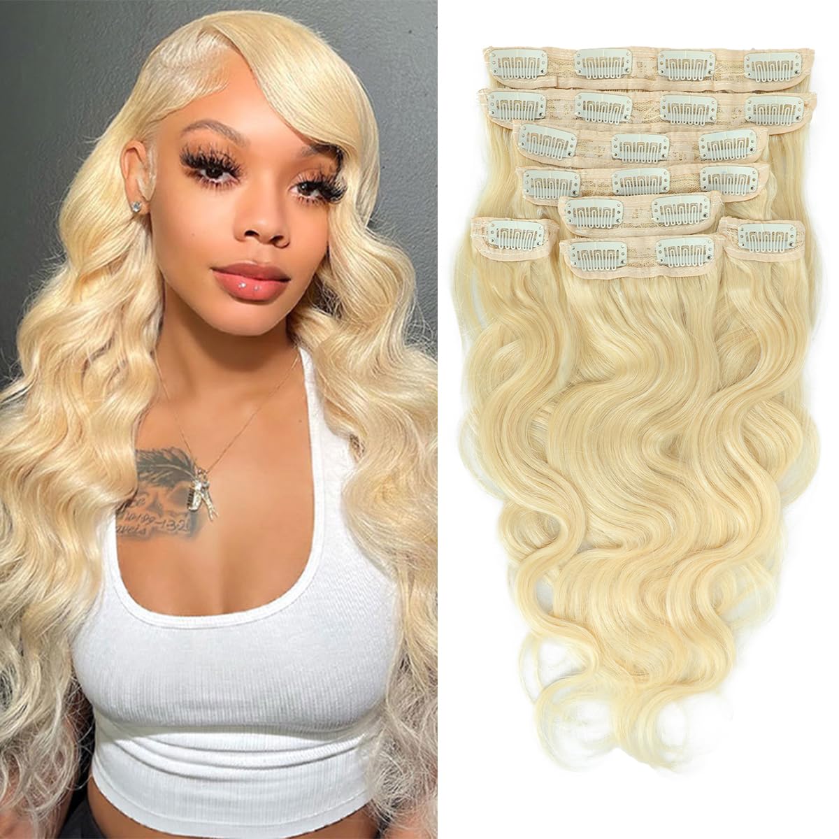 Body Wave Clip in Hair Extensions Real Human Hair, Remy Human Hair Extensions Clip ins for Women, Natural Human Hair, 613 Blonde 20 Inch โ image 1