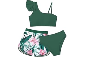 Doumlop Girls Swimsuit Bikini Set 3 Piece Ruffled Bathing Suit for Girls, Tropical Girls' Swimwear with Shorts Size 7-16