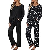 Ekouaer Womens 2 Pack Pajama Set Short & Long Sleeve Pajamas Top and Pants V Neck Pjs Set Soft Loungewear with Pockets