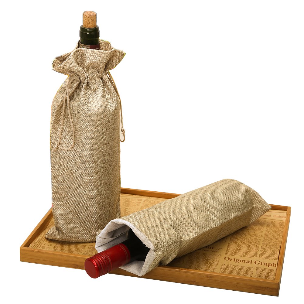 Jute Wine Bottle Bags with Drawstring, 10pcs 35.5cm x 16cm Brown Fabric Wine Gift Cover for Christmas Festival Party