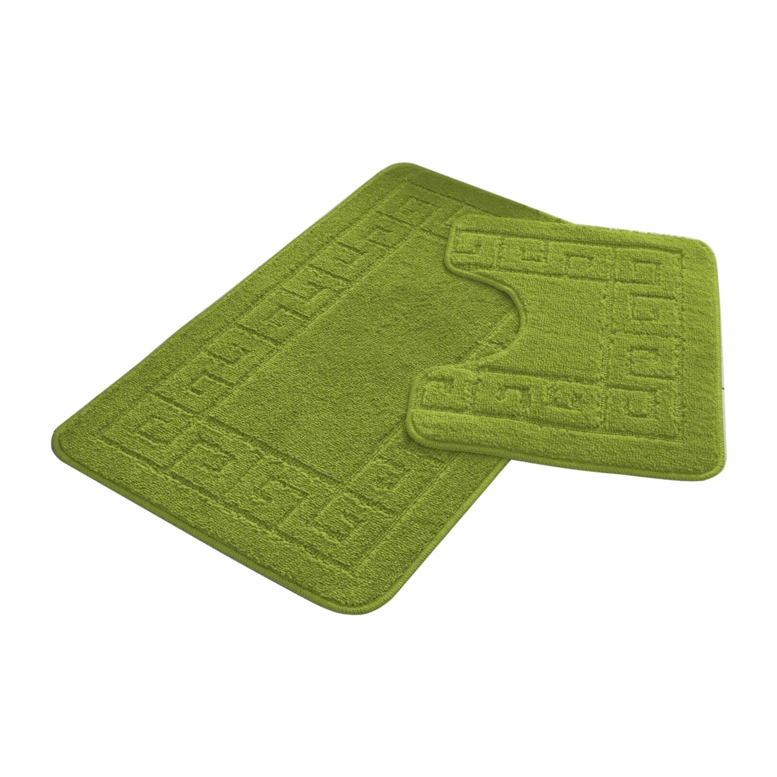 FAIRWAYUK Bathroom Mats Sets 2 Pieces, Ultra Plush Greek Pattern Bath Toilet Mat Anti Slip Pedestal Set, Extra Absorbent 100% Polypropylene Rug, Bathroom Accessory (Green)