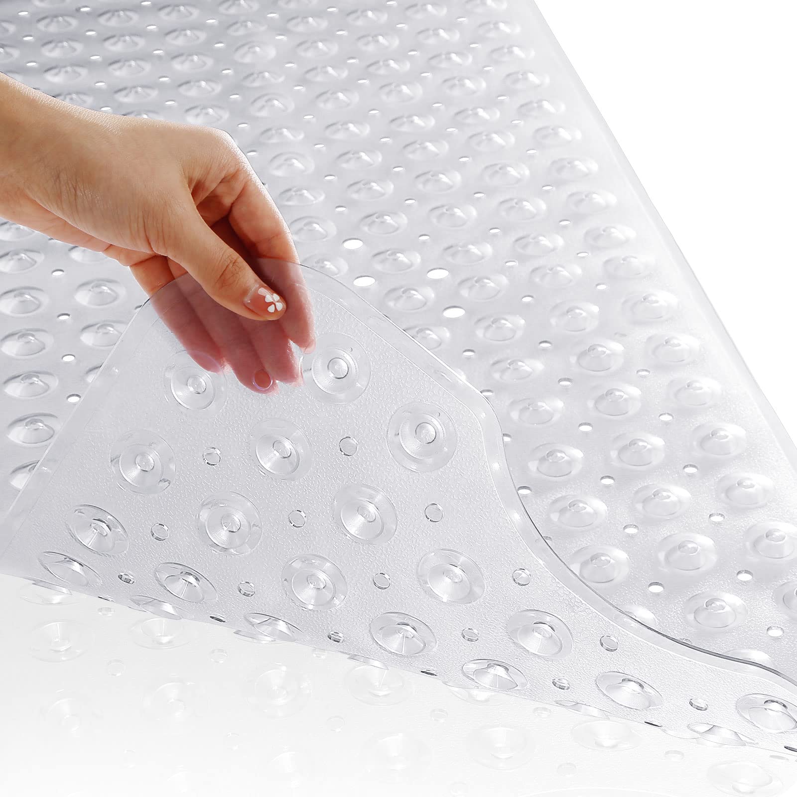 Photo 1 of Yimobra Non Slip Bathtub Mat 40 x 16 Inch, Extra Long Shower Mat with Drain Holes, Machine Washable Baby Bath Mats, Strong Suction Cups for Bathroom Floor, Clear