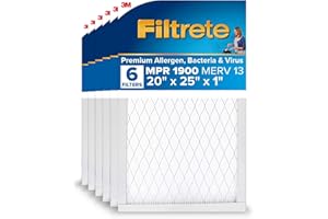 Filtrete 20x25x1 AC Furnace Air Filter, MERV 13, MPR 1900, Premium Allergen, Bacteria & Virus Filter, 3-Month Pleated 1-Inch Electrostatic Air Cleaning Filter, 6-Pack (Actual Size 19.69x24.69x0.78 in)