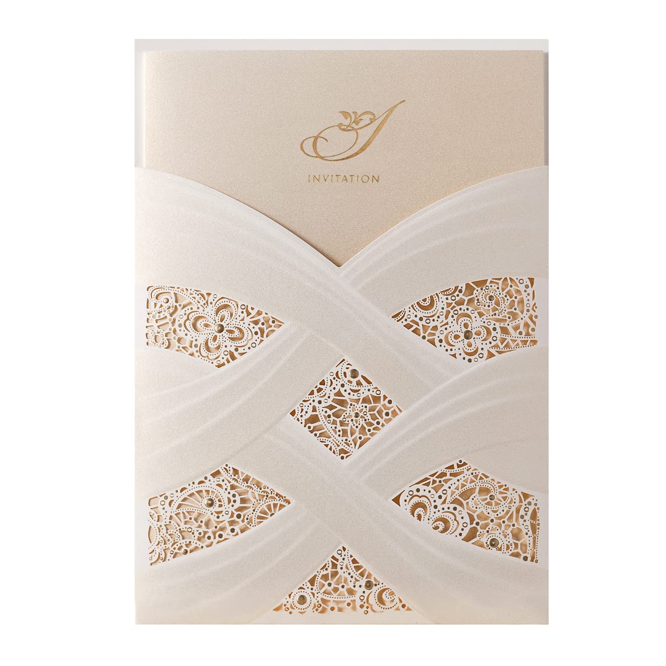 Photo 1 of Hosmsua 50PCS Blank Wedding Invitations Kit Laser Cut light Gold Hollow Foil Flora Lace Sleeve Pocket with Envelopes for Quinceanera Wedding Invitation (Beige, 50PCS)