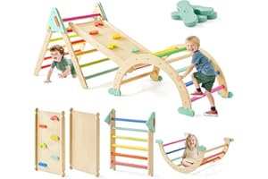 Tiny Land Pikler Triangle Set,7-in-1 Foldable Montessori Toddler Climbing Toys Indoor, Wooden Playground Jungle Gym for Kids, Climber Gift for Boys & Girls Toddler Climbing Toys (Rainbow)