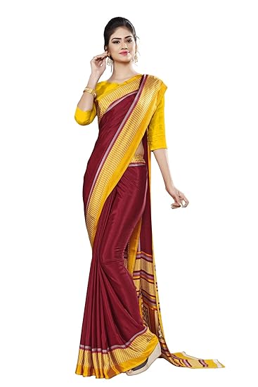 Uniform Sarees Corp Womens Marron Yellow Premium Italian Crepe Saree for School Uniform Sarees