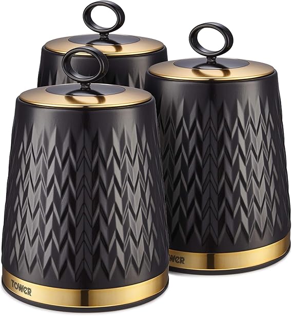 Tower T826091BLK Empire Kitchen Storage Canisters, Tea Coffee Sugar Set