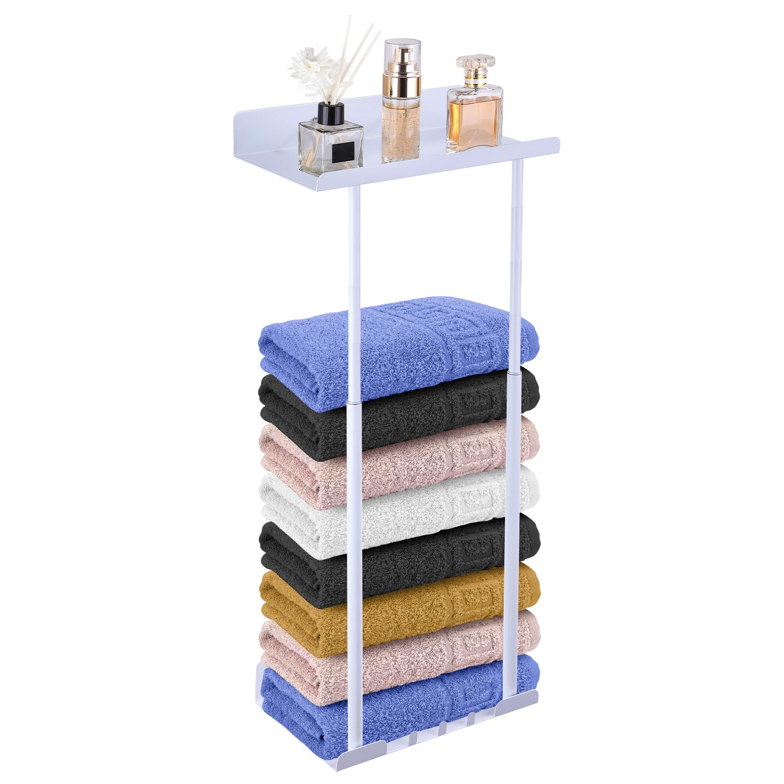 HONPHIER Towel Storage Racks Towel Rack Wall Mounted Adjustable Towel Rails 41-75 CM Bathroom Towel Holder Towel Storage Shelf With Hooks, No Drilling Or Drilling (White)