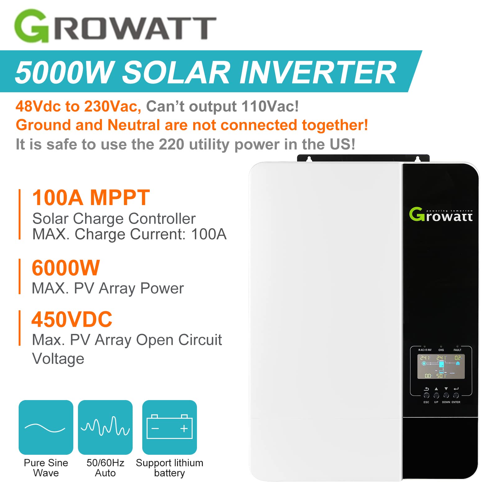 Mua Growatt 5000W Solar Inverter 48Vdc to 220Vac((Single phase), Off ...