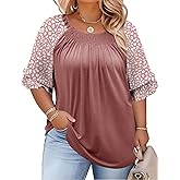 Chulianyouhuo Women's Plus Size Tops Ruffle 3/4 Sleeve Crew Neck Blouse Casual Pleated Fashion Tunic Tops 2025 (1X-5X)