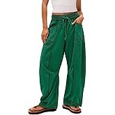 Arssm Womens Baggy Wide Leg Pants Drawstring Barrel Pants Summer Casual Beach Lounge Trousers(Green-L)
