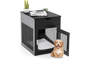 PETSITE Furniture Style Dog Crate, Decorative Dog Kennel End Table with USB & Wireless Charging Station, Storage Drawer, Indoor Dog House for Small Dogs (Black)