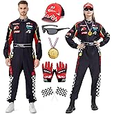 Race Car Driver Costume for Men Women Racing Jumpsuit with Hat Sunglasses Gloves Halloween Adult Racer Outfit