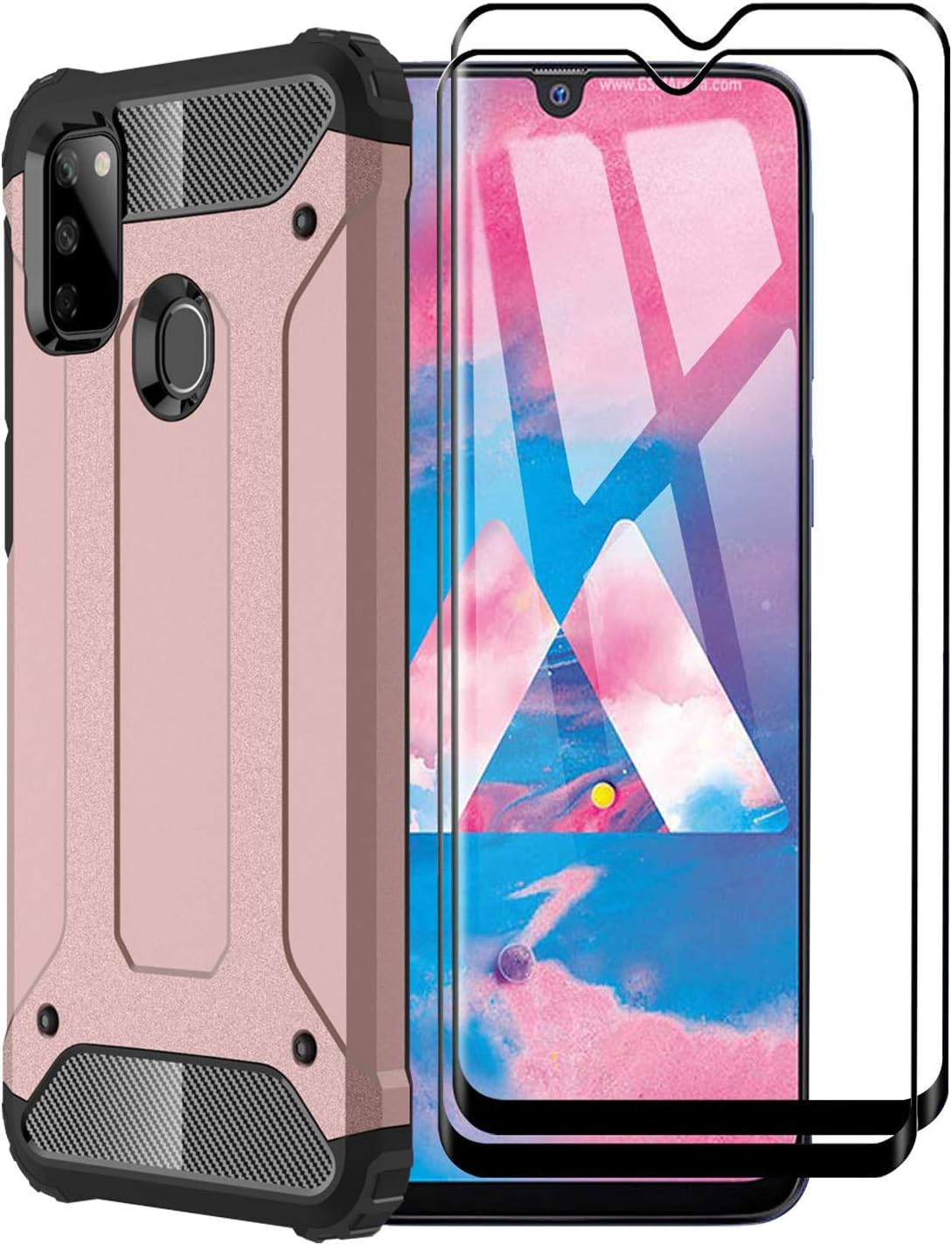 FANFO® Case for Samsung Galaxy M21/M30s [Heavy Duty] Armor, Tough Hard Protective Shockproof Dual Layer Armor Anti-impact Bumper Cover for Samsung Galaxy M30s, Rose Gold + 2 PACK Screen Protector