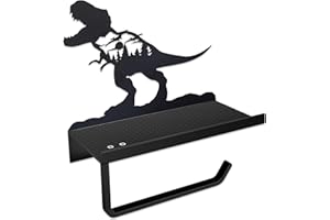 Dinosaur Toilet Paper Holder with Shelf, Funny T Rex Toilet Paper Holder Wall Mount, Rustic Black Metal Bathroom Decor, Anima