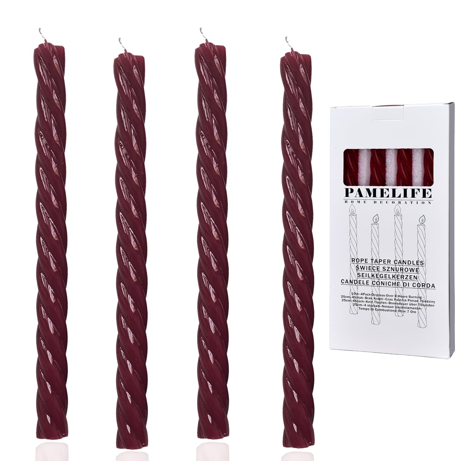 Photo 1 of 10 Inch Burgundy Red Spiral Taper Candles, 4 Pack Unscented Dripless Long Burning Time Glossy Candlesticks for Dinner Party, Wedding Shower and Home Decoration (Burgundy)